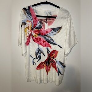 Chico’s Floral Print Dolman Pullover Size 4 US XXL Short Sleeve V Neck Multi